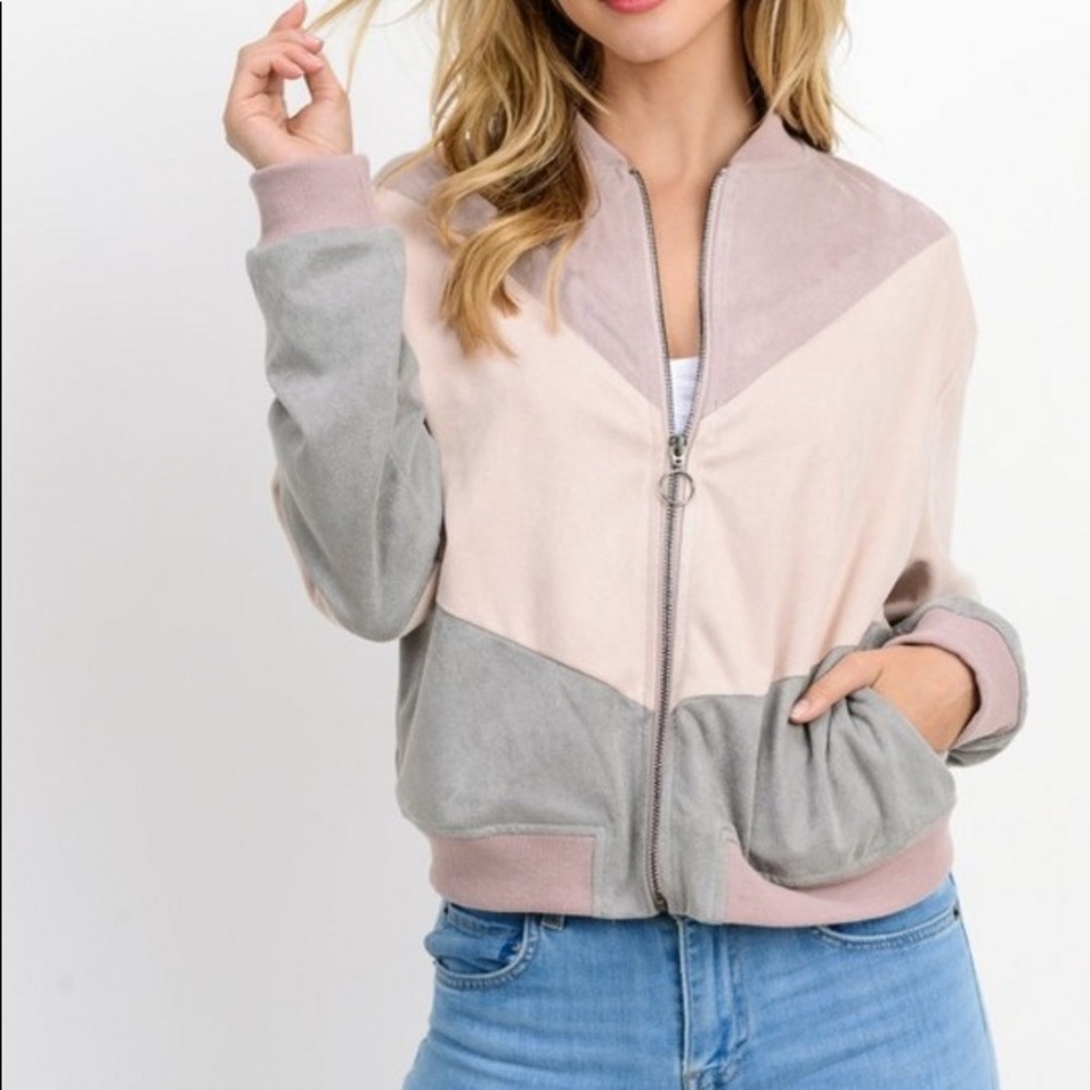 Paper Crane Colorblock Zip Front Bomber Jacket in Blush, Dusty Pink & Sage